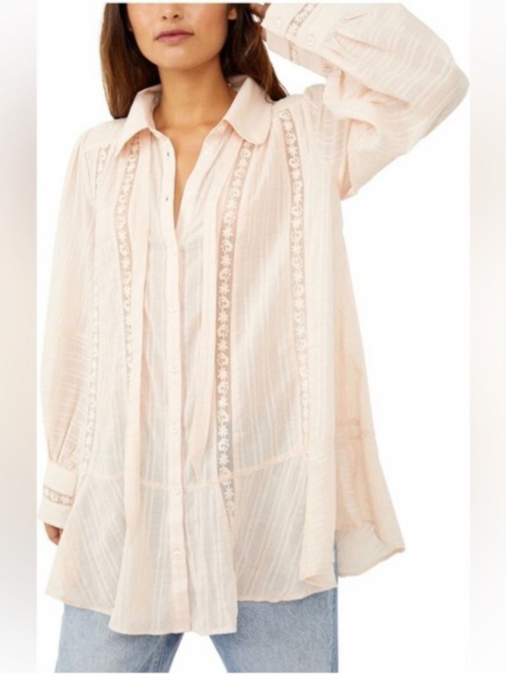 Free People Sheer Blush Lace-Trim Button Tunic